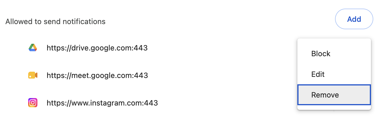 Chrome's Allowed to send notifications list, with the three-dot menu open showing Block, Edit, and Remove — Remove highlighted