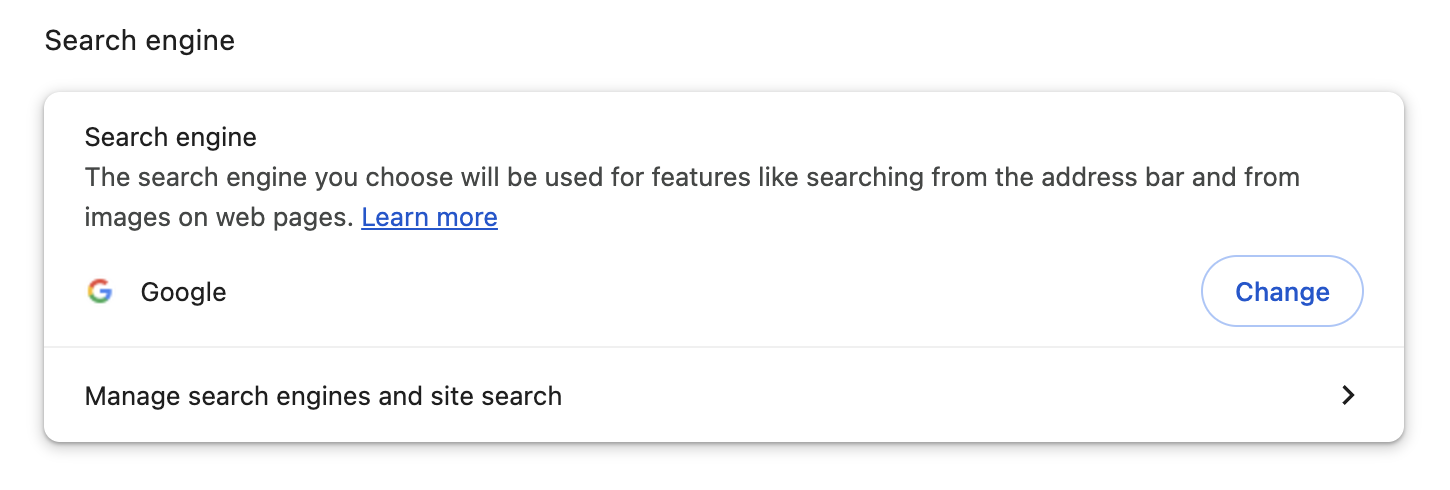 Chrome's Search engine settings showing Google as the search engine used in the address bar